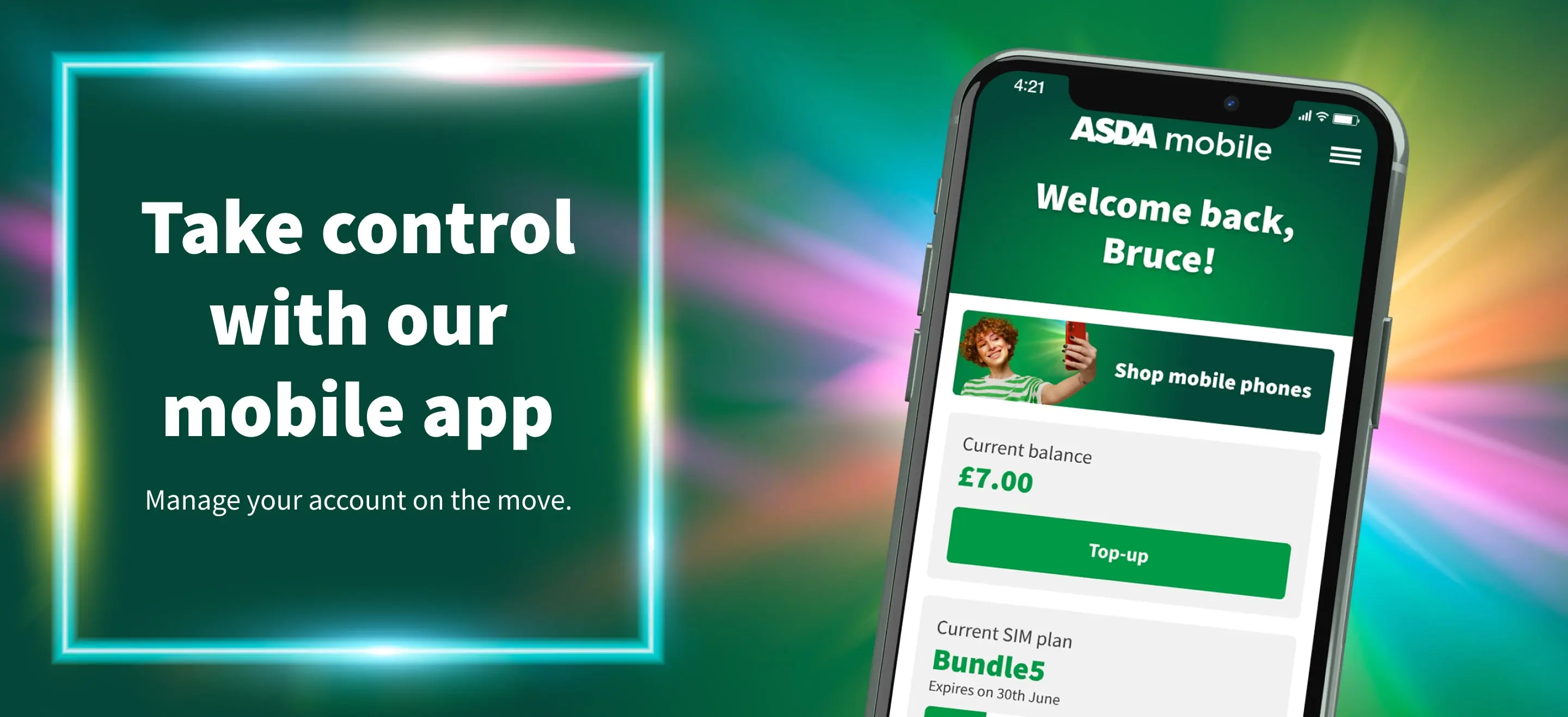 The Asda Mobile app showing the main overview screen being used on an Apple iPhone.