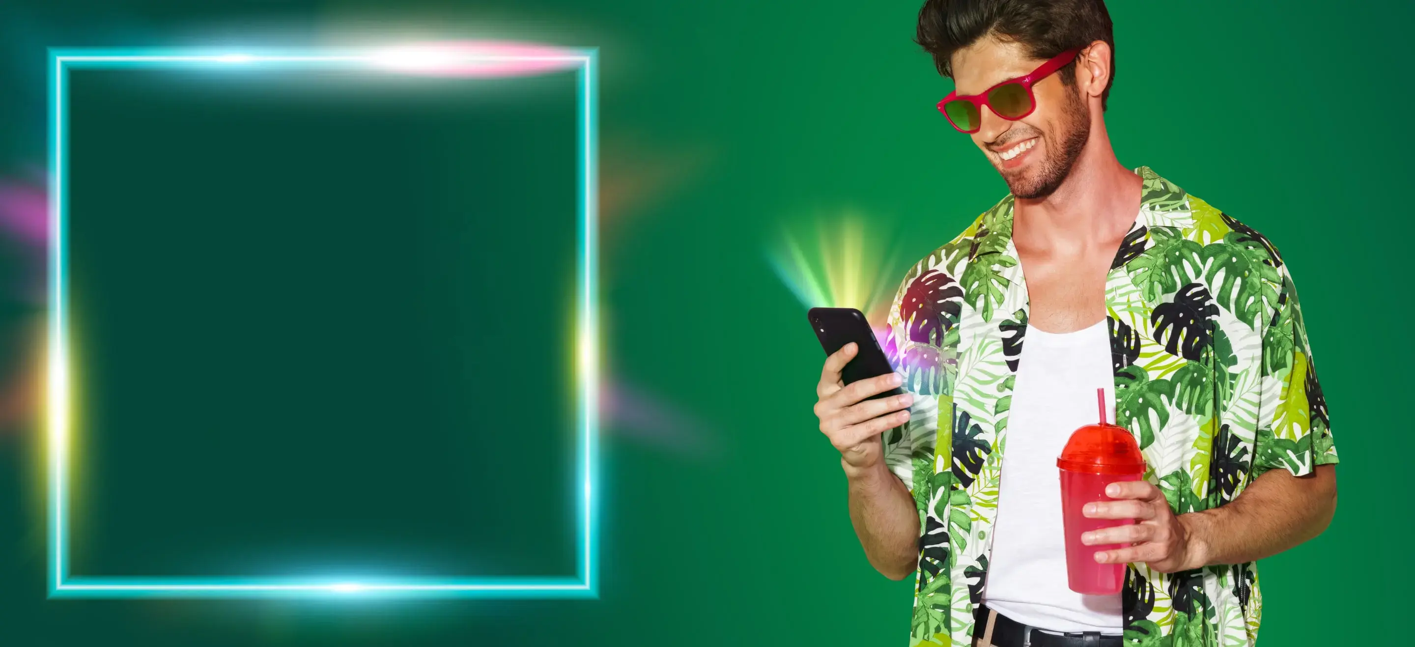 A man on holiday using his mobile phone on the Asda Mobile network.
